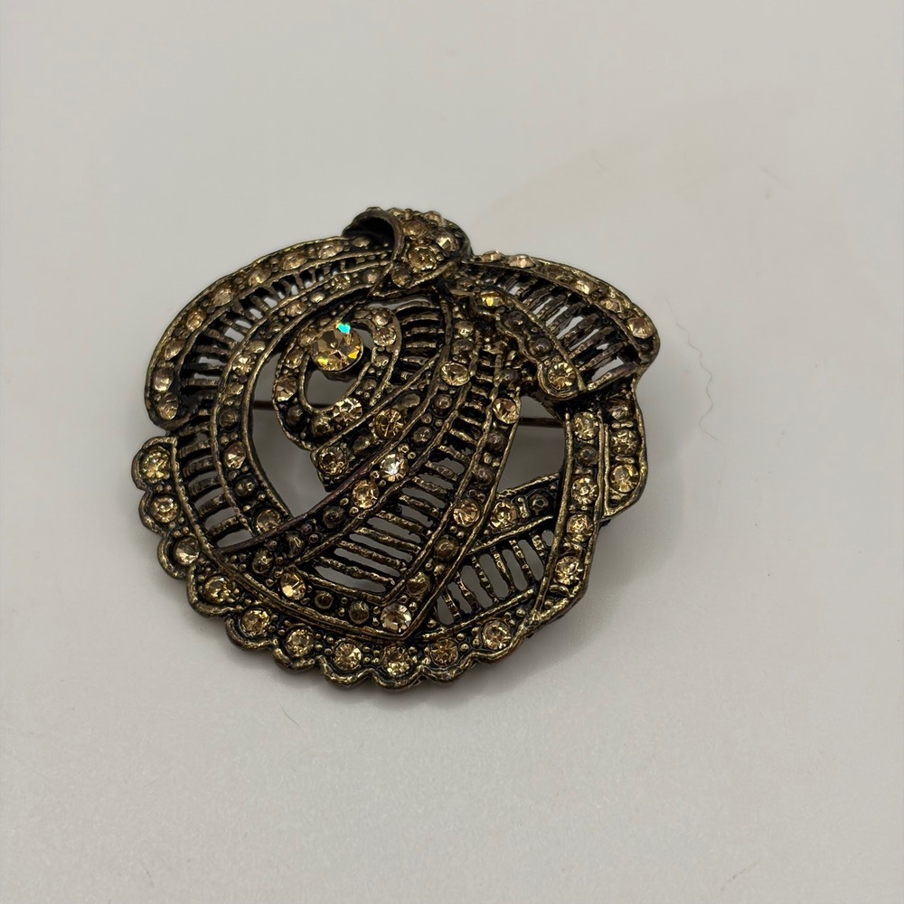 Vintage Brooch Womens Small Bronze Rhinestone Art Deco Swirl Pin